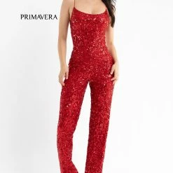 Primavera Couture 3774 Sequin Jumpsuit Scoop Neckline Lace Up Tie Back Straight Legs