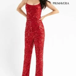 Primavera Couture 3774 Sequin Jumpsuit Scoop Neckline Lace Up Tie Back Straight Legs