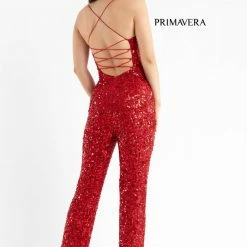 Primavera Couture 3774 Sequin Jumpsuit Scoop Neckline Lace Up Tie Back Straight Legs