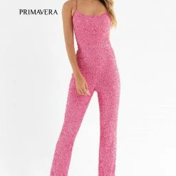 Primavera Couture 3774 Sequin Jumpsuit Scoop Neckline Lace Up Tie Back Straight Legs