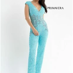 Primavera Couture 3775 Sequined Jumpsuit Beaded Waist And Hips Cap Sleeves Sequin Dresses