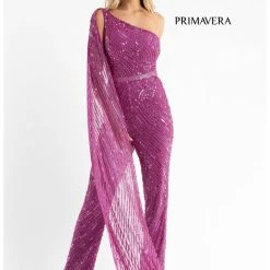 Backless Dresses Primavera Couture 3776 Swirled Sequined Jumpsuit One Shoulder Floor Length Cape