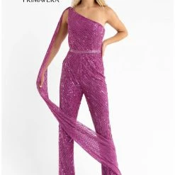 Backless Dresses Primavera Couture 3776 Swirled Sequined Jumpsuit One Shoulder Floor Length Cape