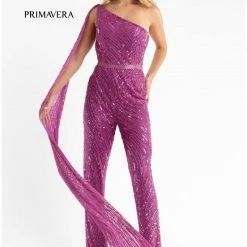 Backless Dresses Primavera Couture 3776 Swirled Sequined Jumpsuit One Shoulder Floor Length Cape