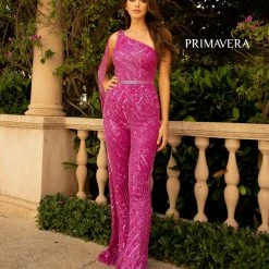 Backless Dresses Primavera Couture 3776 Swirled Sequined Jumpsuit One Shoulder Floor Length Cape