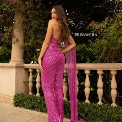 Backless Dresses Primavera Couture 3776 Swirled Sequined Jumpsuit One Shoulder Floor Length Cape
