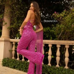 Backless Dresses Primavera Couture 3776 Swirled Sequined Jumpsuit One Shoulder Floor Length Cape