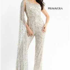 Backless Dresses Primavera Couture 3776 Swirled Sequined Jumpsuit One Shoulder Floor Length Cape
