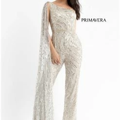 Backless Dresses Primavera Couture 3776 Swirled Sequined Jumpsuit One Shoulder Floor Length Cape
