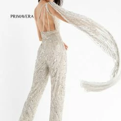 Backless Dresses Primavera Couture 3776 Swirled Sequined Jumpsuit One Shoulder Floor Length Cape