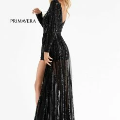Sequin Dresses Primavera Couture 3777 Sequined And Beaded Romper Long Sleeves Sheer Beaded Overskirt