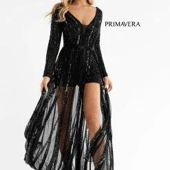 Sequin Dresses Primavera Couture 3777 Sequined And Beaded Romper Long Sleeves Sheer Beaded Overskirt