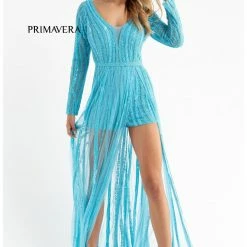 Sequin Dresses Primavera Couture 3777 Sequined And Beaded Romper Long Sleeves Sheer Beaded Overskirt