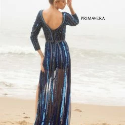 Sequin Dresses Primavera Couture 3777 Sequined And Beaded Romper Long Sleeves Sheer Beaded Overskirt