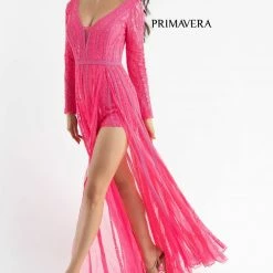 Sequin Dresses Primavera Couture 3777 Sequined And Beaded Romper Long Sleeves Sheer Beaded Overskirt