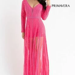 Sequin Dresses Primavera Couture 3777 Sequined And Beaded Romper Long Sleeves Sheer Beaded Overskirt