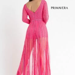 Sequin Dresses Primavera Couture 3777 Sequined And Beaded Romper Long Sleeves Sheer Beaded Overskirt