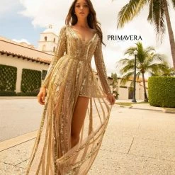 In Stock Primavera Couture 3777 Size 4 Nude Sequined And Beaded Romper Long Sleeves Sheer Beaded Overskirt Jumpsuits & Rompers