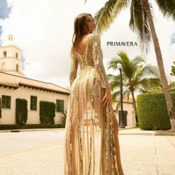In Stock Primavera Couture 3777 Size 4 Nude Sequined And Beaded Romper Long Sleeves Sheer Beaded Overskirt Jumpsuits & Rompers
