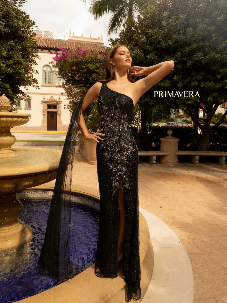 Backless Dresses Primavera Couture 3779 One Shoulder Prom Evening Dress Beaded Sequins Cape 12 Backless Dresses Primavera Couture 3779 One Shoulder Prom Evening Dress Beaded Sequins Cape