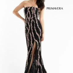 Primavera Couture 3782 Strapless Fitted Sequin Prom Dress Straight Neckline Flowers Sequin Dresses