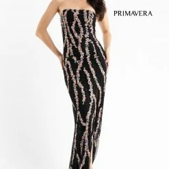 Primavera Couture 3782 Strapless Fitted Sequin Prom Dress Straight Neckline Flowers Sequin Dresses