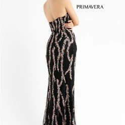 Primavera Couture 3782 Strapless Fitted Sequin Prom Dress Straight Neckline Flowers Sequin Dresses