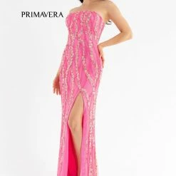 Primavera Couture 3782 Strapless Fitted Sequin Prom Dress Straight Neckline Flowers Sequin Dresses