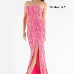 Primavera Couture 3782 Strapless Fitted Sequin Prom Dress Straight Neckline Flowers Sequin Dresses