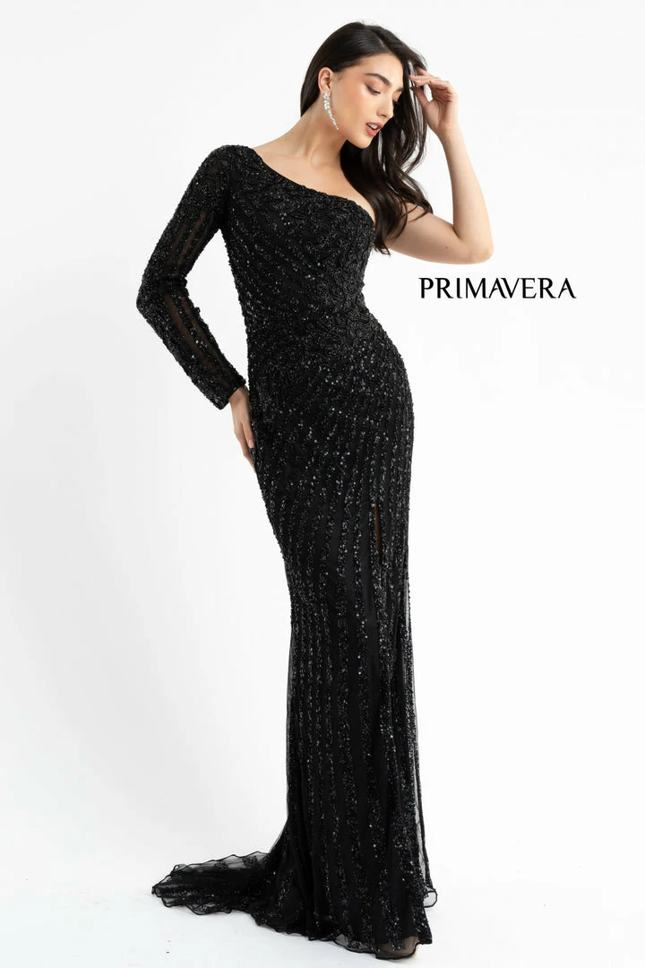 Primavera Couture 3785 One Shoulder Prom Dress One Long Sheer Sleeve Slit Sequins 33 Primavera Couture 3785 One Shoulder Prom Dress One Long Sheer Sleeve Slit Sequins