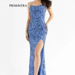 Backless Dresses Primavera Couture 3786 Scoop Neckline Prom Dress Beaded Flowers Lace Up Tie Back Slit