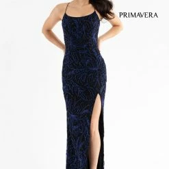 Backless Dresses Primavera Couture 3786 Scoop Neckline Prom Dress Beaded Flowers Lace Up Tie Back Slit