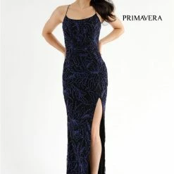 Backless Dresses Primavera Couture 3786 Scoop Neckline Prom Dress Beaded Flowers Lace Up Tie Back Slit