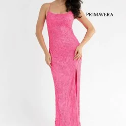 Backless Dresses Primavera Couture 3786 Scoop Neckline Prom Dress Beaded Flowers Lace Up Tie Back Slit