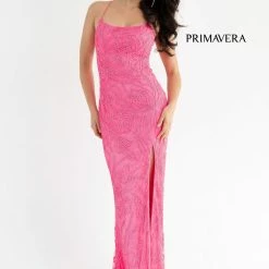 Backless Dresses Primavera Couture 3786 Scoop Neckline Prom Dress Beaded Flowers Lace Up Tie Back Slit