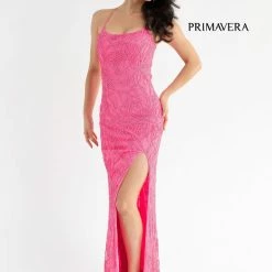 Backless Dresses Primavera Couture 3786 Scoop Neckline Prom Dress Beaded Flowers Lace Up Tie Back Slit