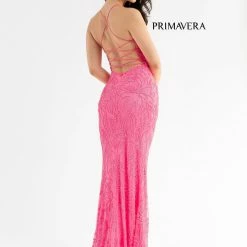 Backless Dresses Primavera Couture 3786 Scoop Neckline Prom Dress Beaded Flowers Lace Up Tie Back Slit