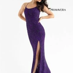 Backless Dresses Primavera Couture 3786 Scoop Neckline Prom Dress Beaded Flowers Lace Up Tie Back Slit