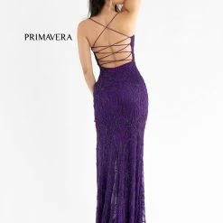 Backless Dresses Primavera Couture 3786 Scoop Neckline Prom Dress Beaded Flowers Lace Up Tie Back Slit