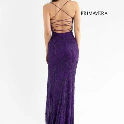 Backless Dresses Primavera Couture 3786 Scoop Neckline Prom Dress Beaded Flowers Lace Up Tie Back Slit