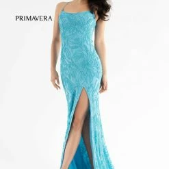 Backless Dresses Primavera Couture 3786 Scoop Neckline Prom Dress Beaded Flowers Lace Up Tie Back Slit