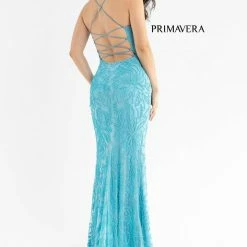 Backless Dresses Primavera Couture 3786 Scoop Neckline Prom Dress Beaded Flowers Lace Up Tie Back Slit