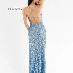 Primavera Couture 3791 Prom Dress V Neckline Sequins Lace Up Tie Back Side Slit
