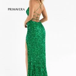 Primavera Couture 3791 Prom Dress V Neckline Sequins Lace Up Tie Back Side Slit