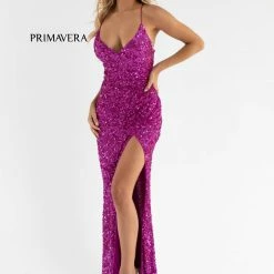 In Stock Primavera Couture 3791 Size 14 Purple Prom Dress V Neckline Sequins Lace Up Tie Back Side Slit Backless Dresses