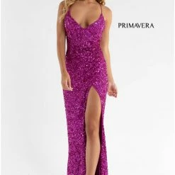 In Stock Primavera Couture 3791 Size 6 Neon Pink Prom Dress V Neckline Sequins Lace Up Tie Back Side Slit Backless Dresses