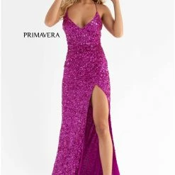 In Stock Backless Dresses Primavera Couture 3791 Prom Dress Size 10 Perriwinkle V Neckline Sequins Lace Up Tie Back Side Slit