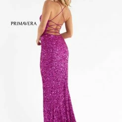 In Stock Primavera Couture 3791 Size 14 Purple Prom Dress V Neckline Sequins Lace Up Tie Back Side Slit Backless Dresses