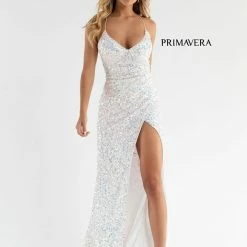 In Stock Backless Dresses Primavera Couture 3791 Prom Dress Size 10 Perriwinkle V Neckline Sequins Lace Up Tie Back Side Slit