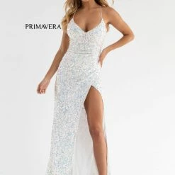 In Stock Primavera Couture 3791 Size 4 Fuchsia Prom Dress V Neckline Sequins Lace Up Tie Back Side Slit